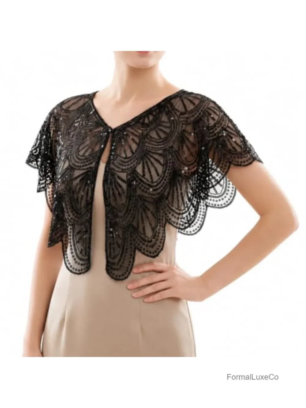 Sequin Shawl Capelet with Metal Hook Closure for Evening Parties